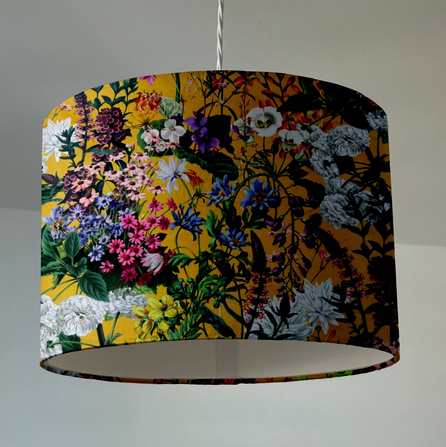 Mustard flowers velvet drum lampshade / ceiling shade with a white lining