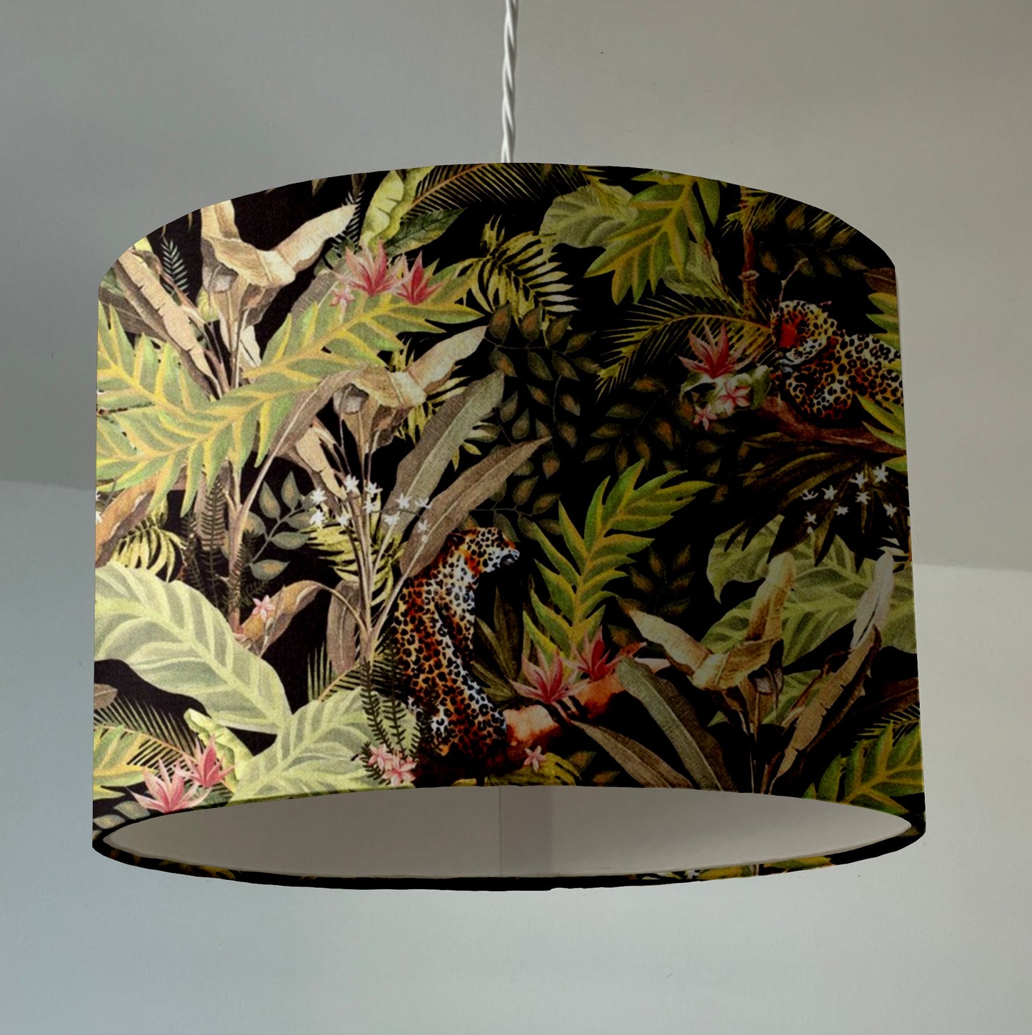 Leopard palm trees velvet, drum lampshade /ceiling shade with a white lining