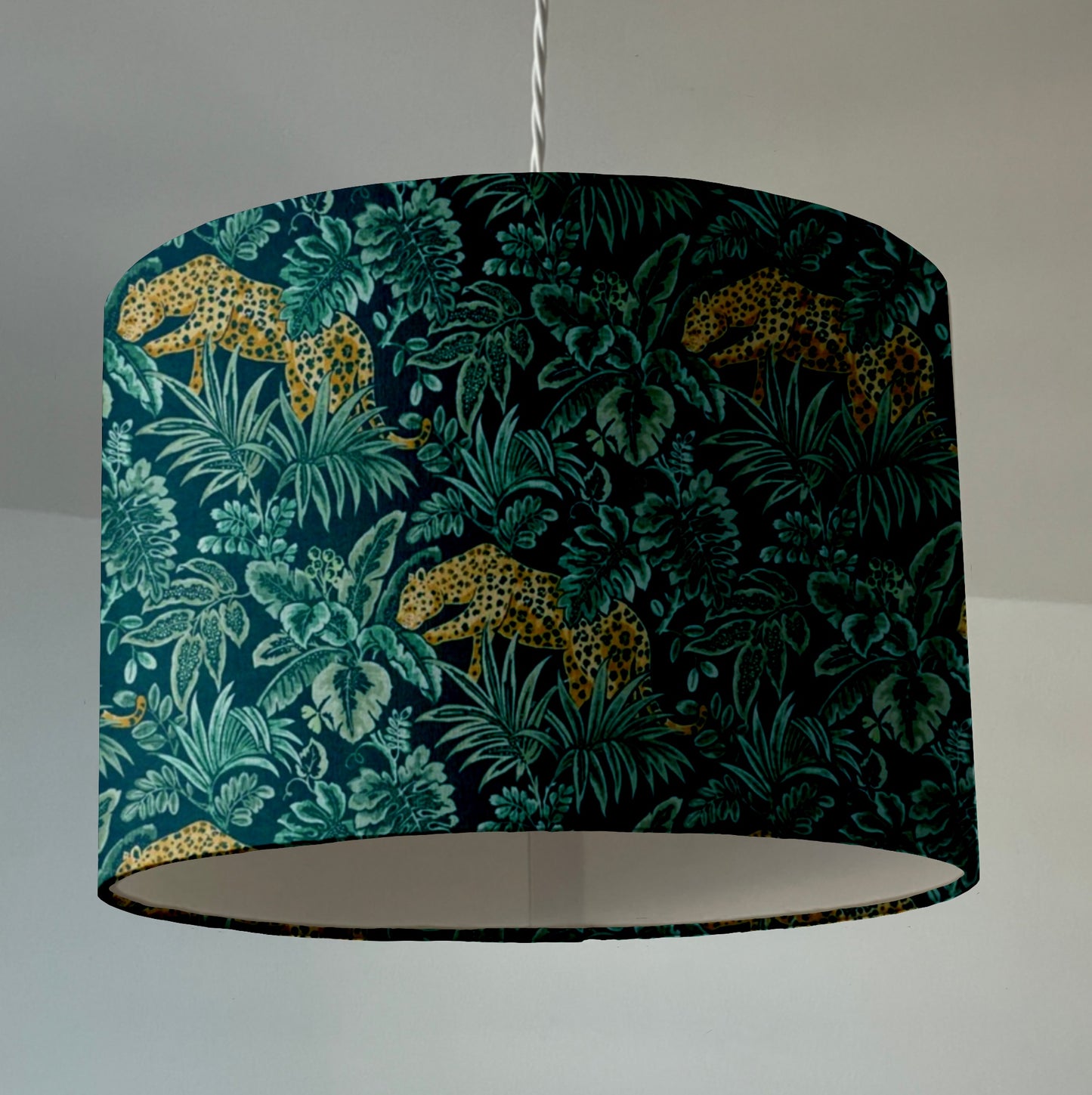 Leopard jungle velvet, drum lampshade /ceiling shade with a white lining