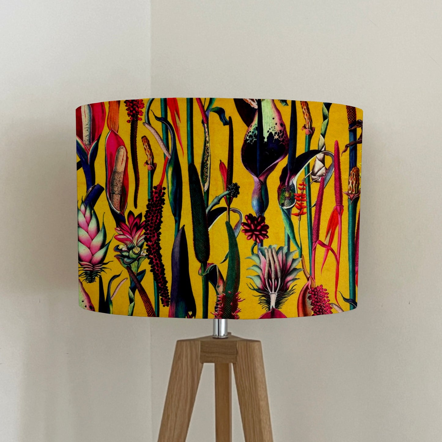 Mustard botanical velvet drum lampshade / ceiling shade, with a white lining