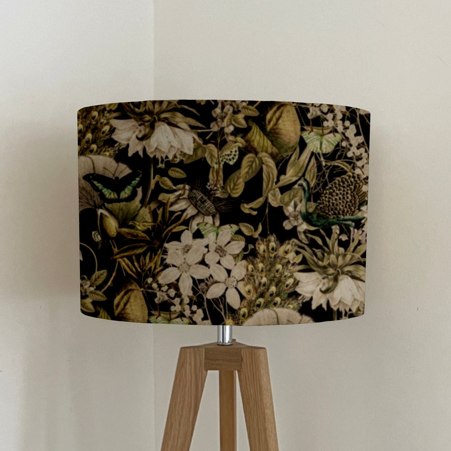 Peacock butterfly velvet in black, drum lampshade/ ceiling shade, with a white lining