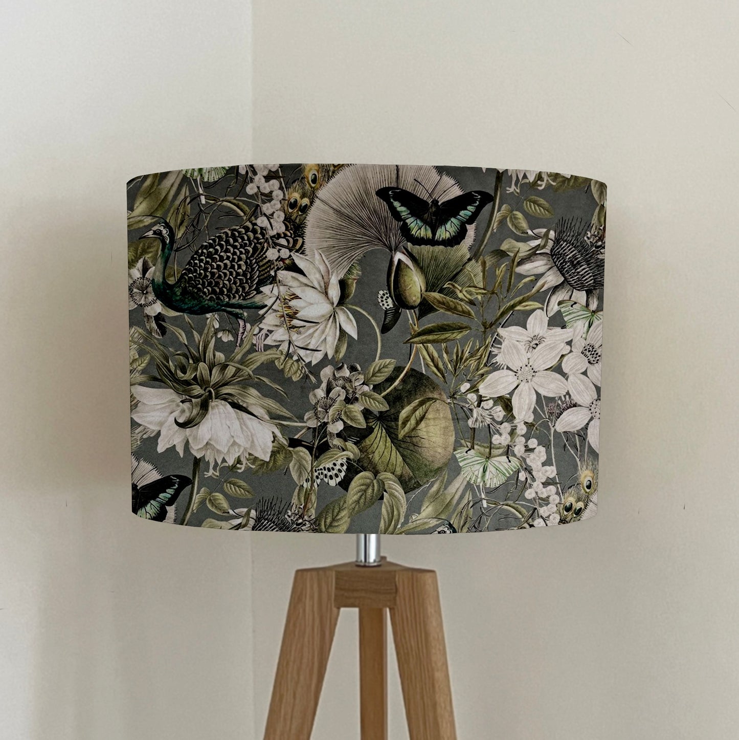 Peacock butterfly velvet in grey, drum lampshade/ ceiling shade, with a white lining