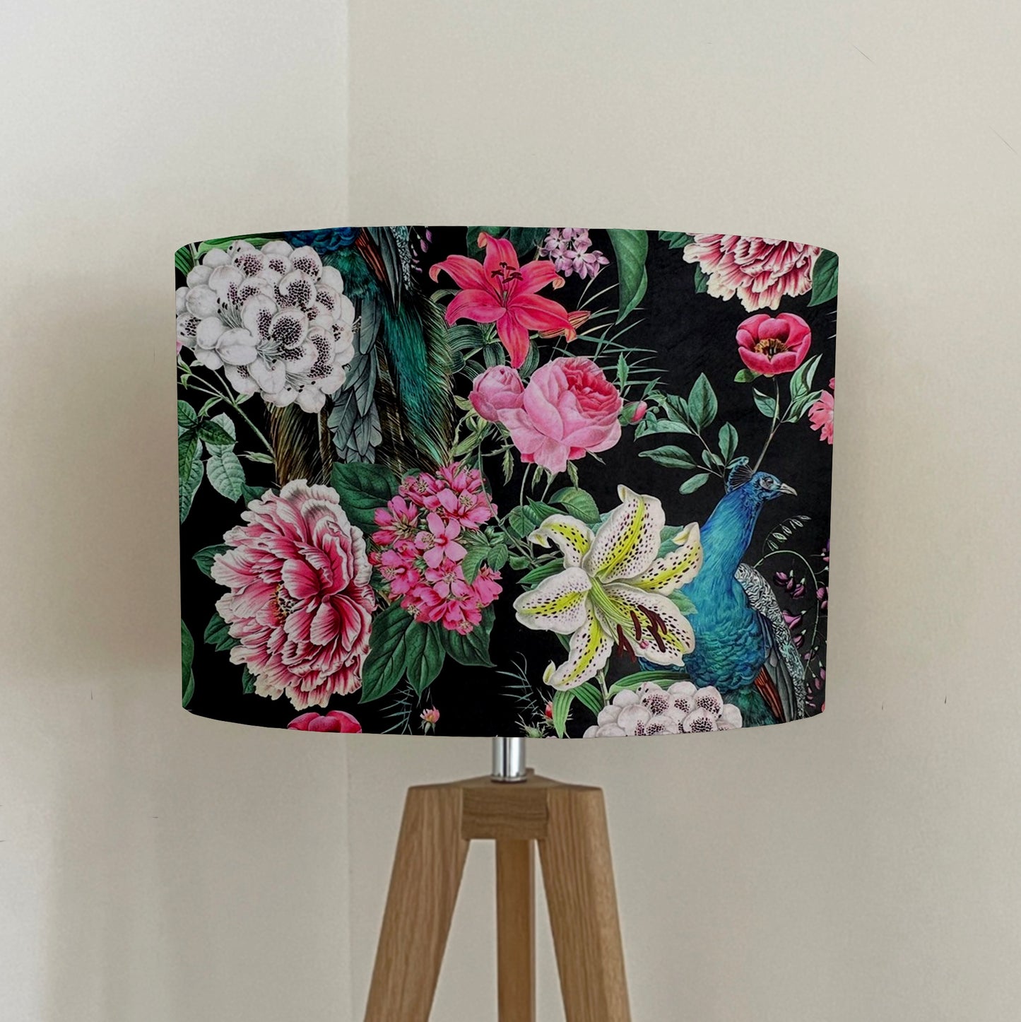 Peacock floral velvet in black, drum lampshade / ceiling shade, with a white lining