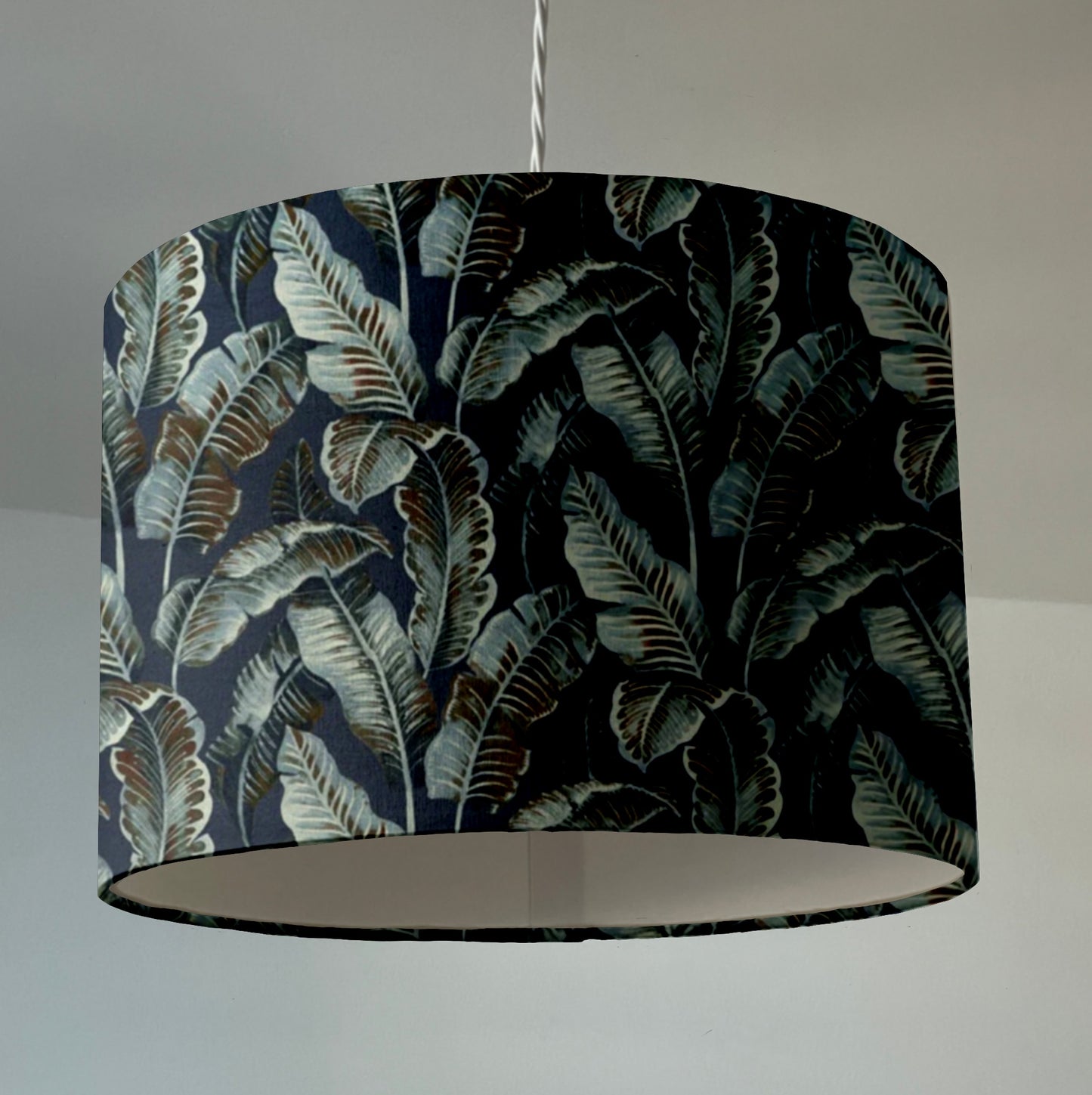 Navy leaves velvet, drum lampshade /ceiling shade with a white lining