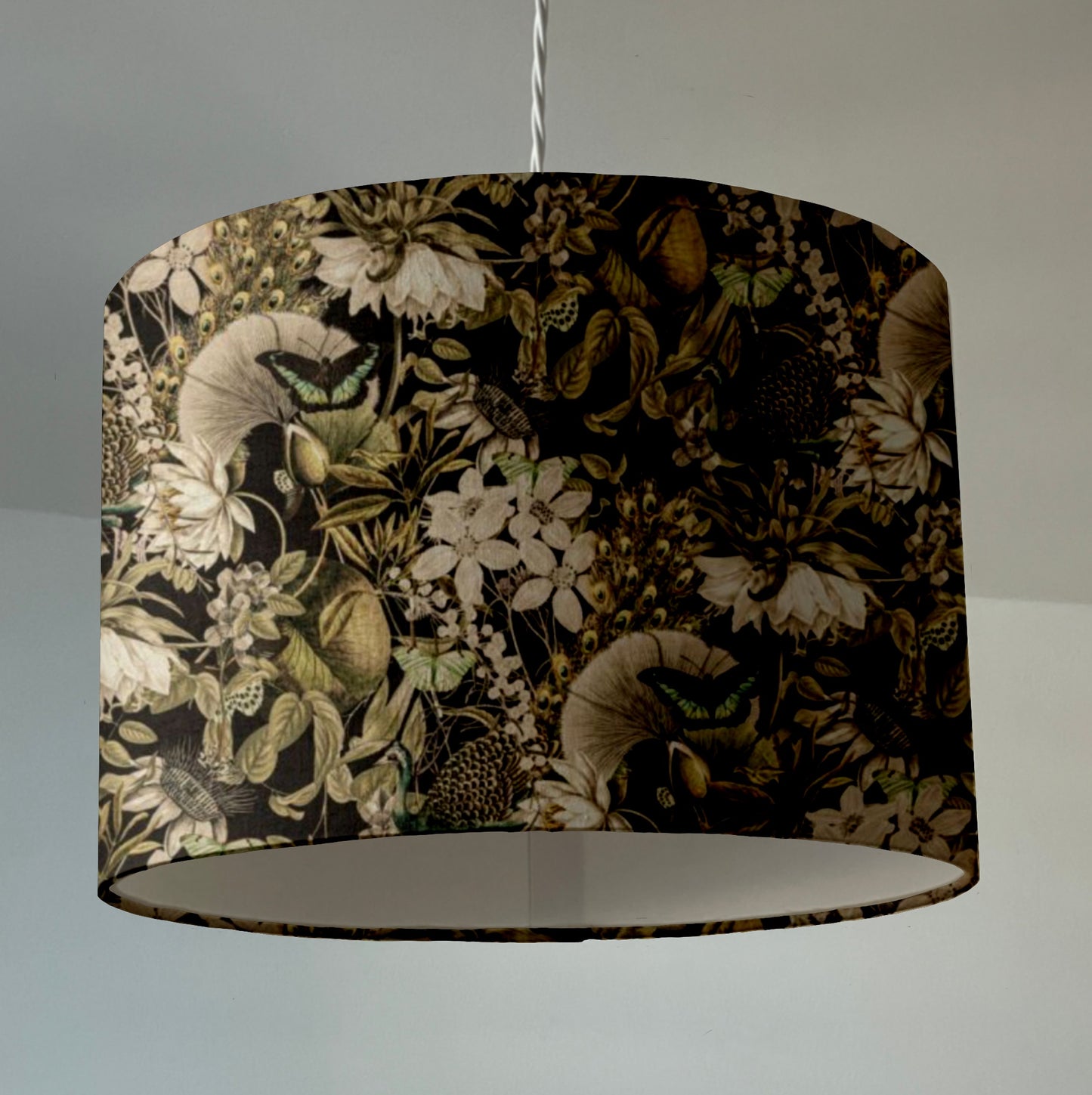 Peacock butterfly velvet in black, drum lampshade/ ceiling shade, with a white lining