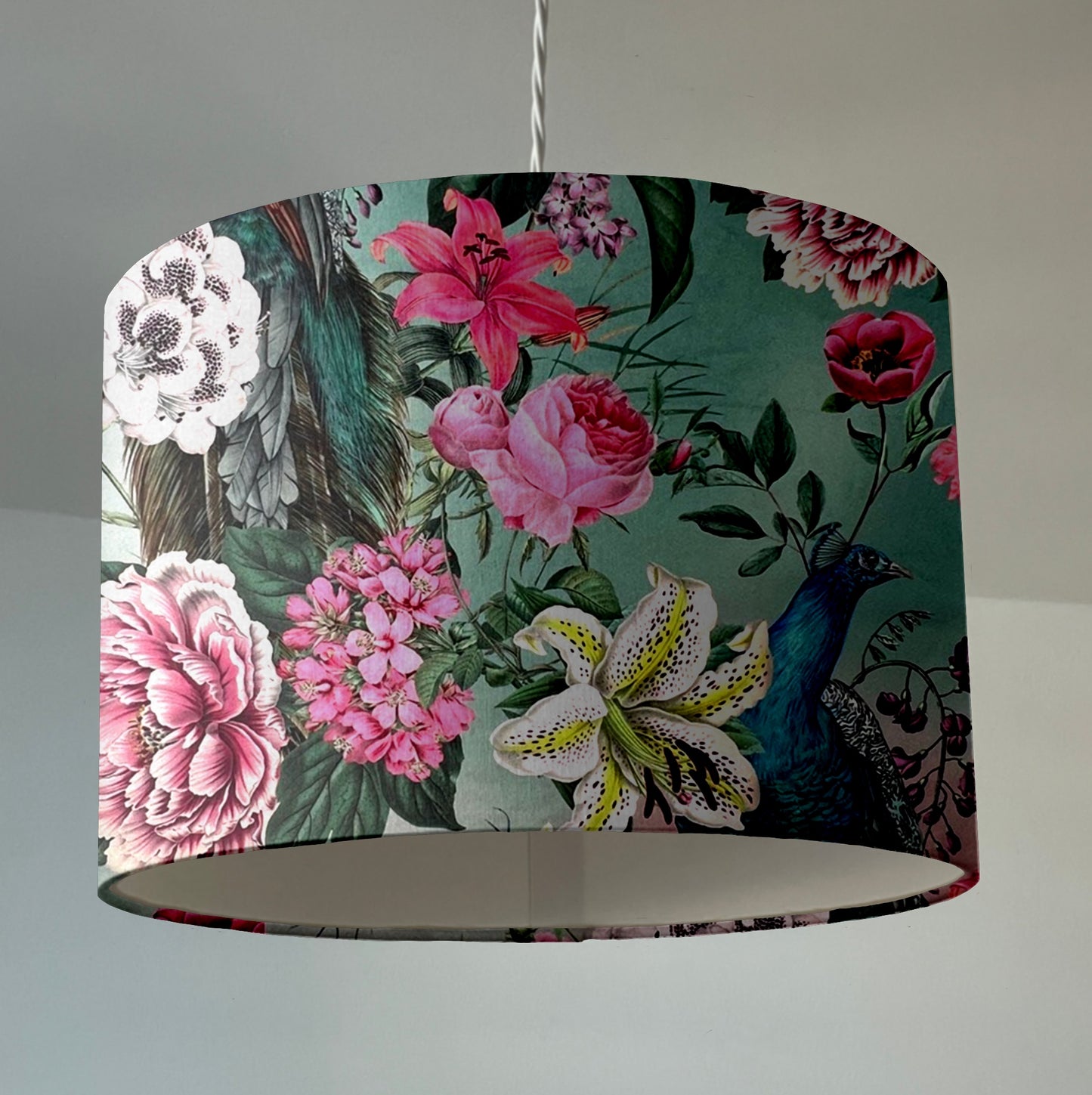 Peacock floral velvet in duck-egg, drum lampshade / ceiling shade, with a white lining