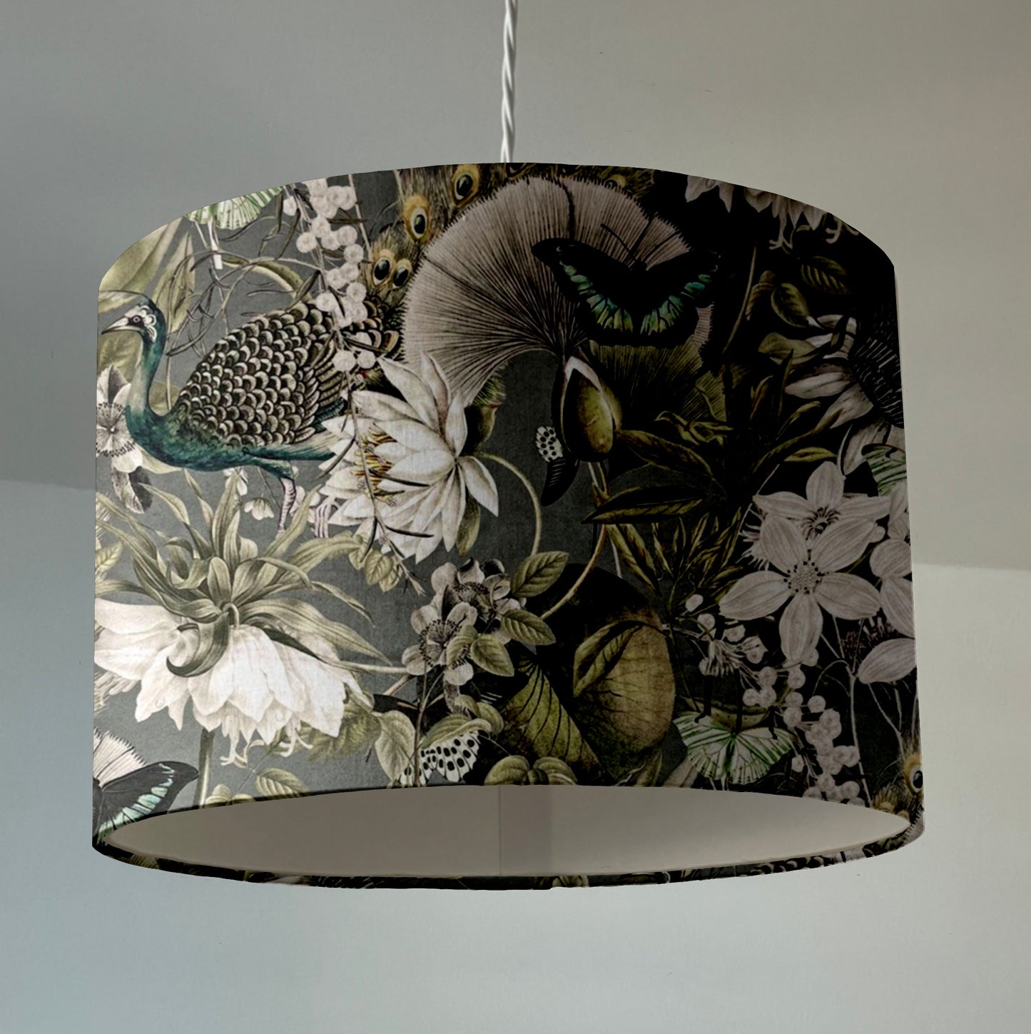 Peacock butterfly velvet in grey, drum lampshade/ ceiling shade, with a white lining