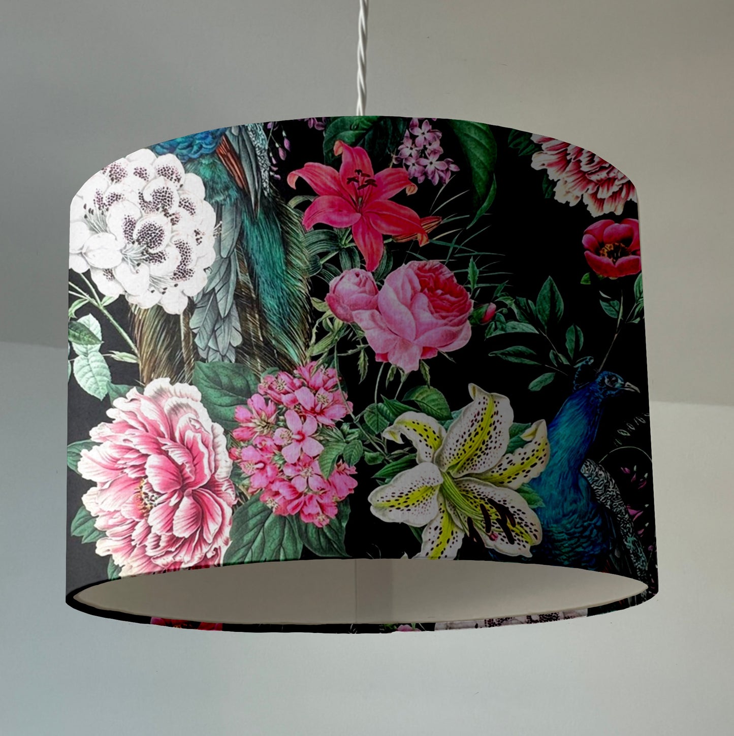 Peacock floral velvet in black, drum lampshade / ceiling shade, with a white lining