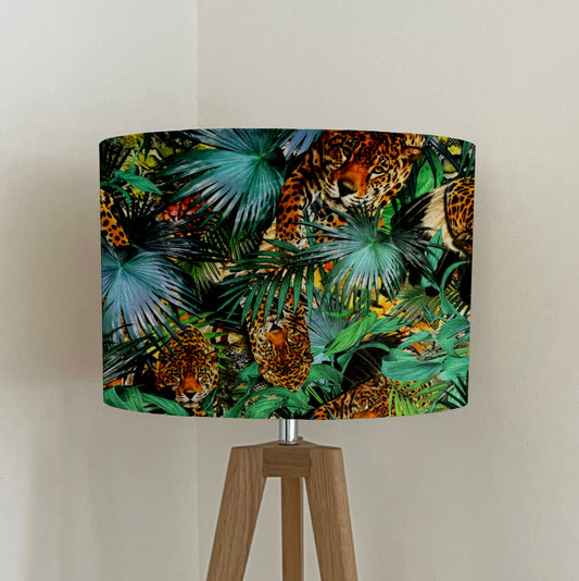 Tropical cheetah velvet drum lampshade / ceiling shade, with a white lining