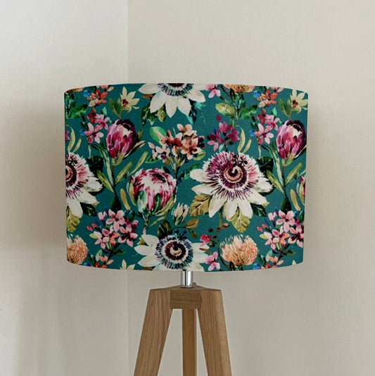 Summer garden velvet in teal, drum lampshade /ceiling shade with a white lining