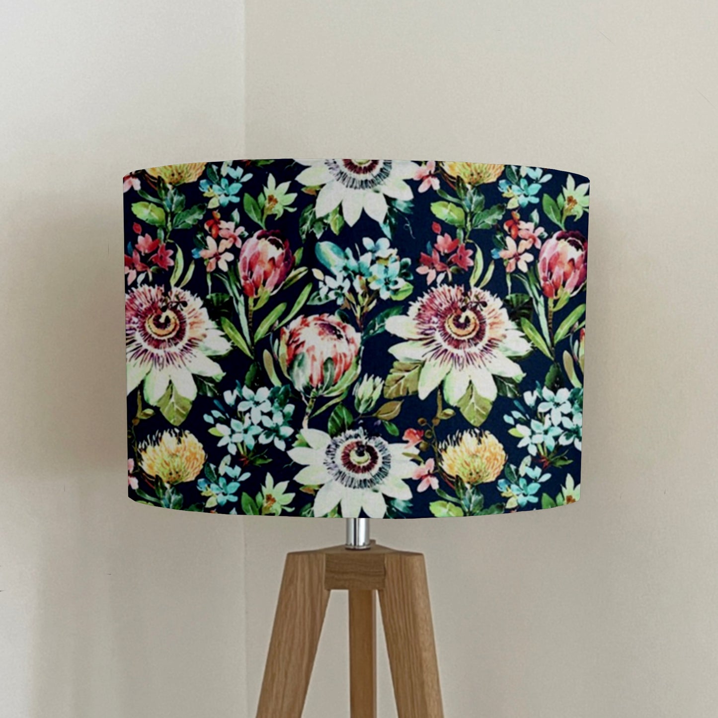 Summer garden velvet in midnight, drum lampshade /ceiling shade with a white lining