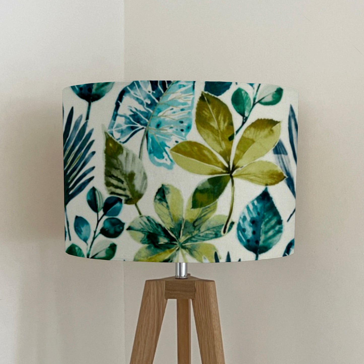 Rainforest velvet in green and blue, drum lampshade /ceiling shade with a white lining