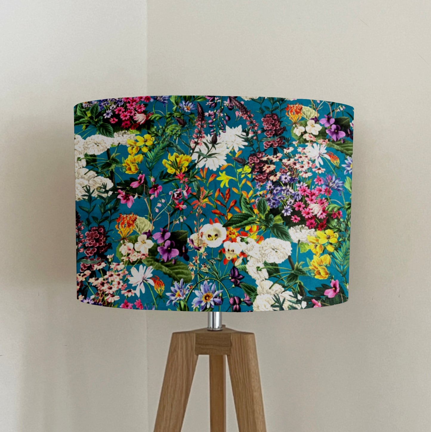 Teal flowers velvet drum lampshade / ceiling shade, with a white lining