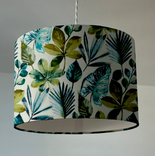 Rainforest velvet in green and blue, drum lampshade /ceiling shade with a white lining