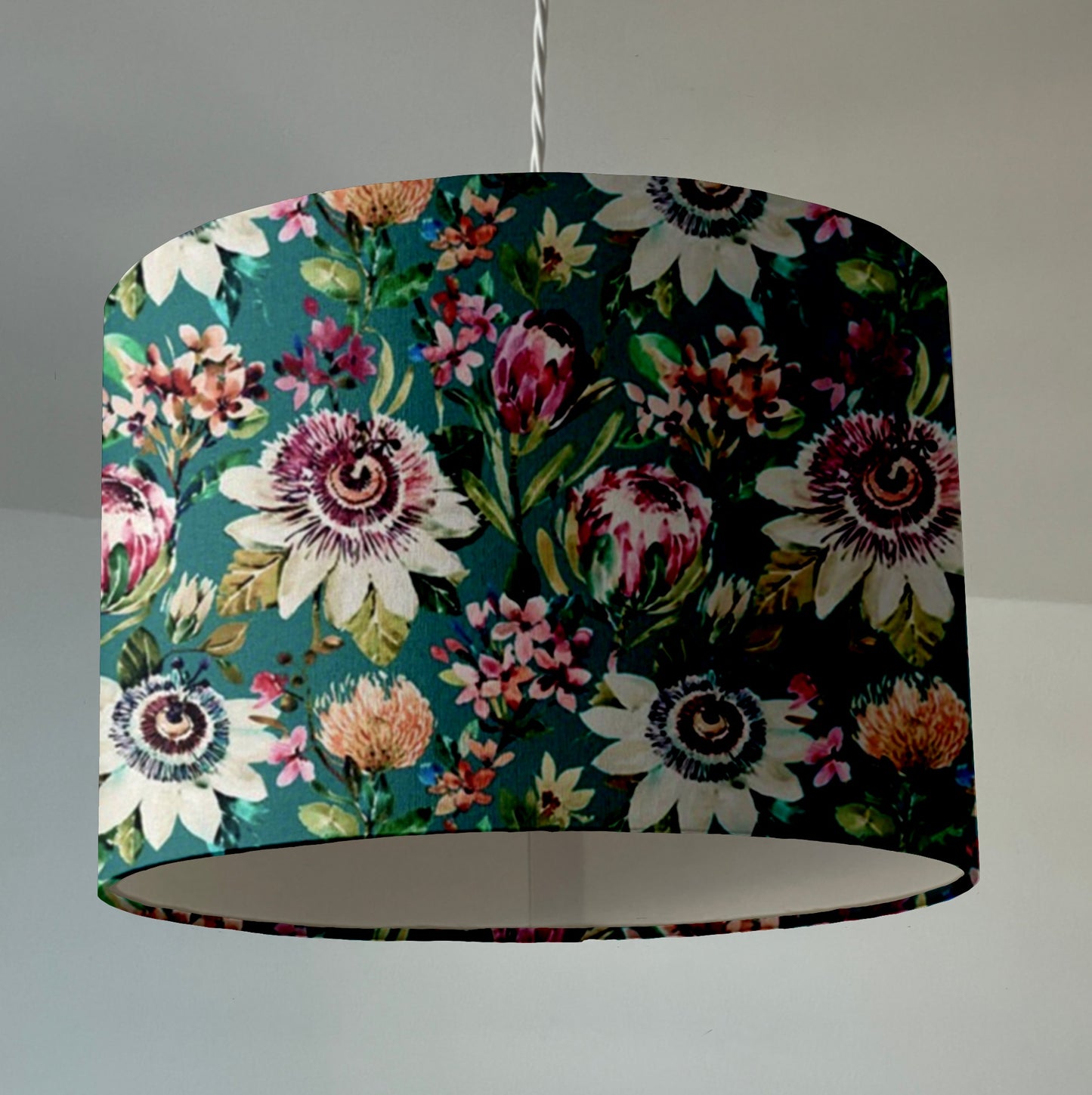 Summer garden velvet in teal, drum lampshade /ceiling shade with a white lining