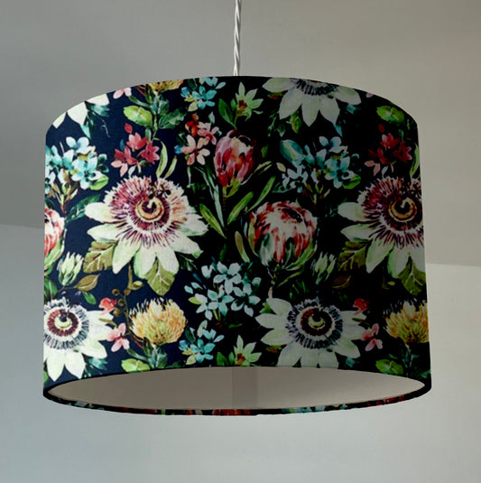 Summer garden velvet in midnight, drum lampshade /ceiling shade with a white lining