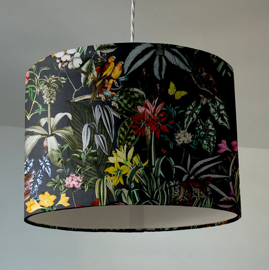 Tropical birds velvet in grey, drum lampshade /ceiling shade with a white lining