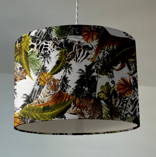 Tiger cheetah jungle velvet drum lampshade / ceiling shade, with a white lining