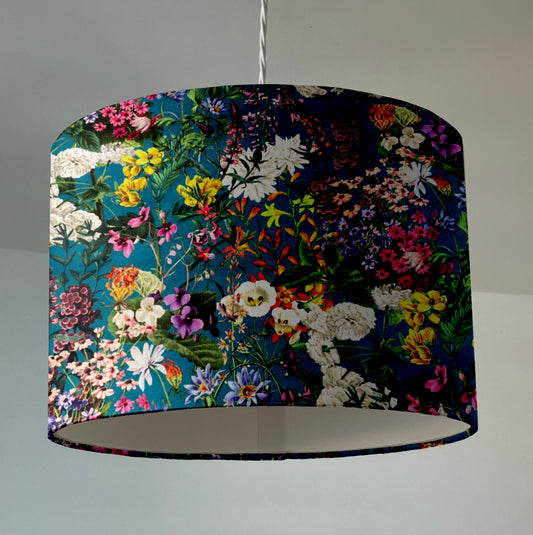 Teal flowers velvet drum lampshade / ceiling shade, with a white lining