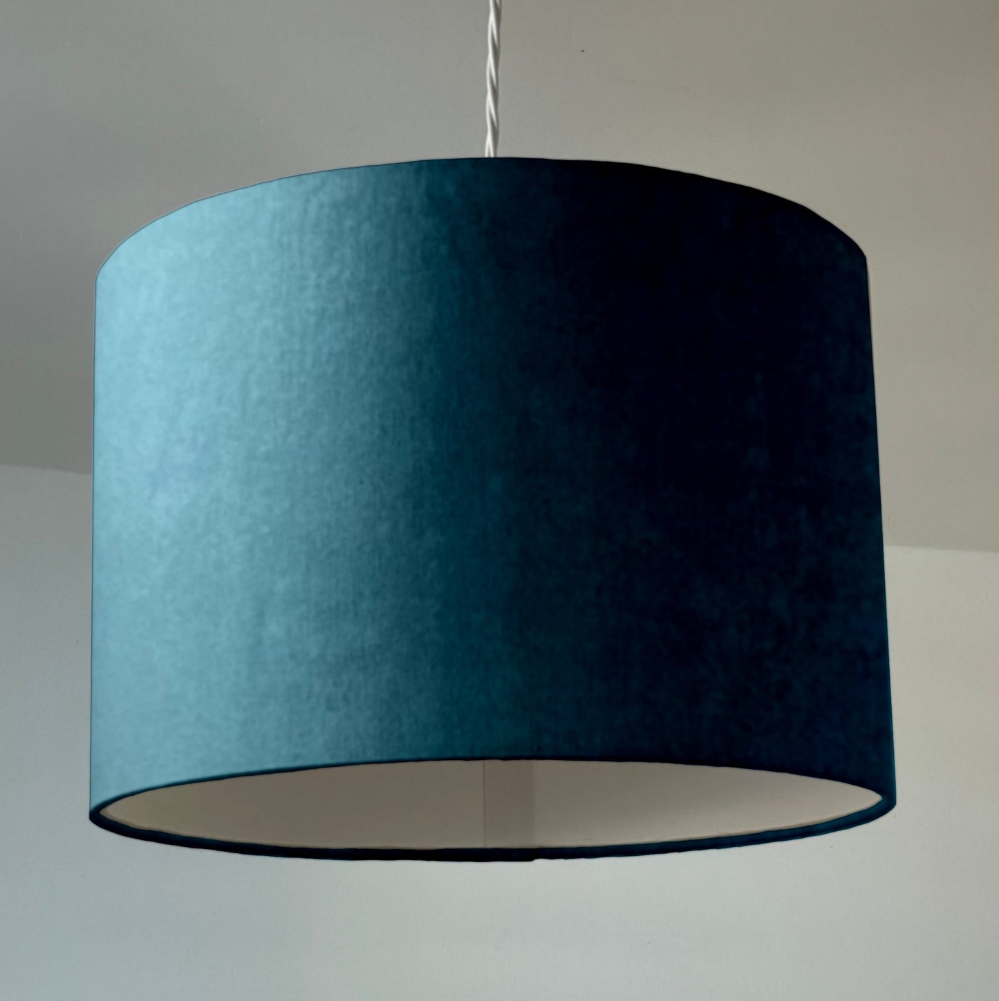 Teal velvet drum lampshade/ ceiling shade with a white lining