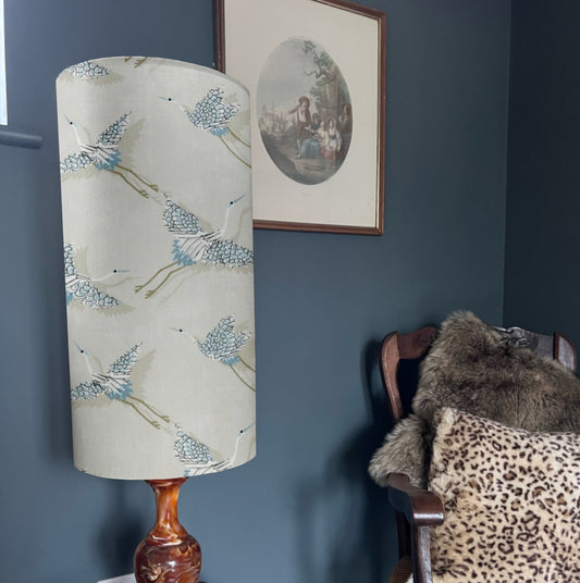 Flying birds in cream cylinder lampshade, in cotton, extra tall lampshade