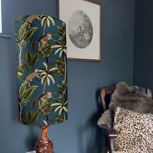 Jungle monkey teal cotton cylinder lampshade, extra tall lampshade