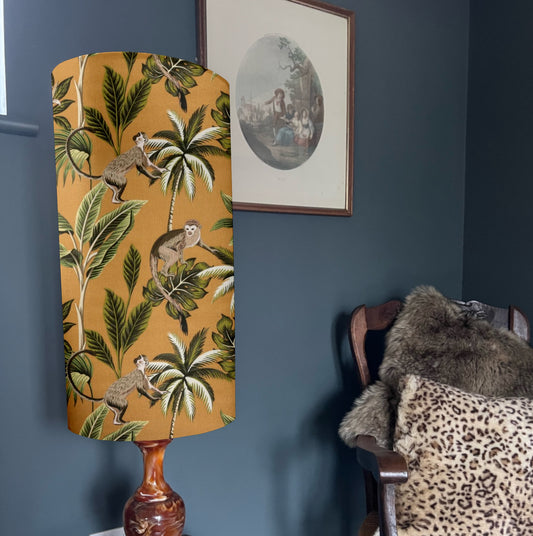 Jungle monkey mustard cotton cylinder lampshade, extra tall lampshade