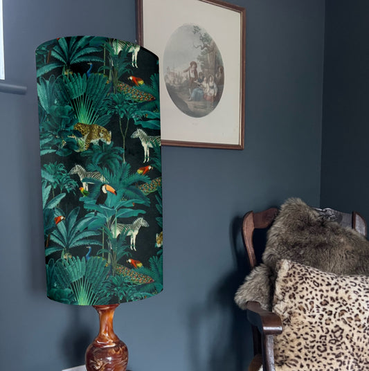 Jungle Velvet cylinder lampshade, in black, extra tall lampshade