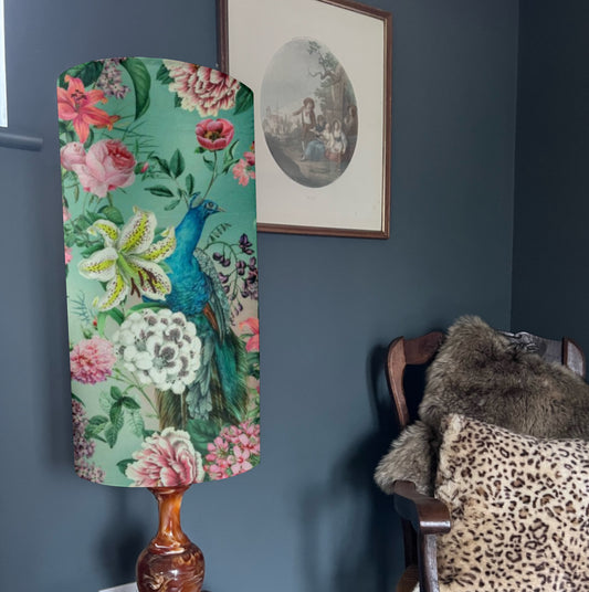 Peacock floral Velvet cylinder lampshade, extra tall lampshade, duck egg