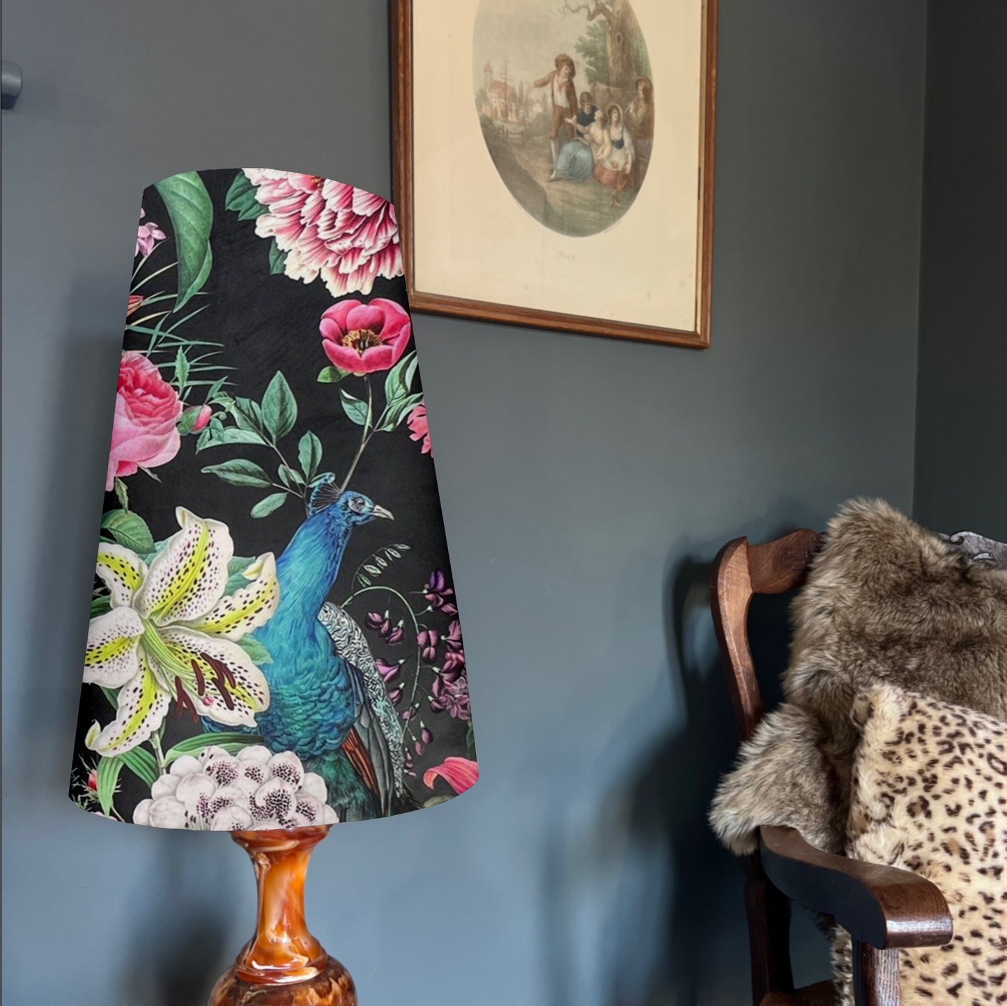 Peacock, floral velvet cone lampshade, in black, extra tall lampshade