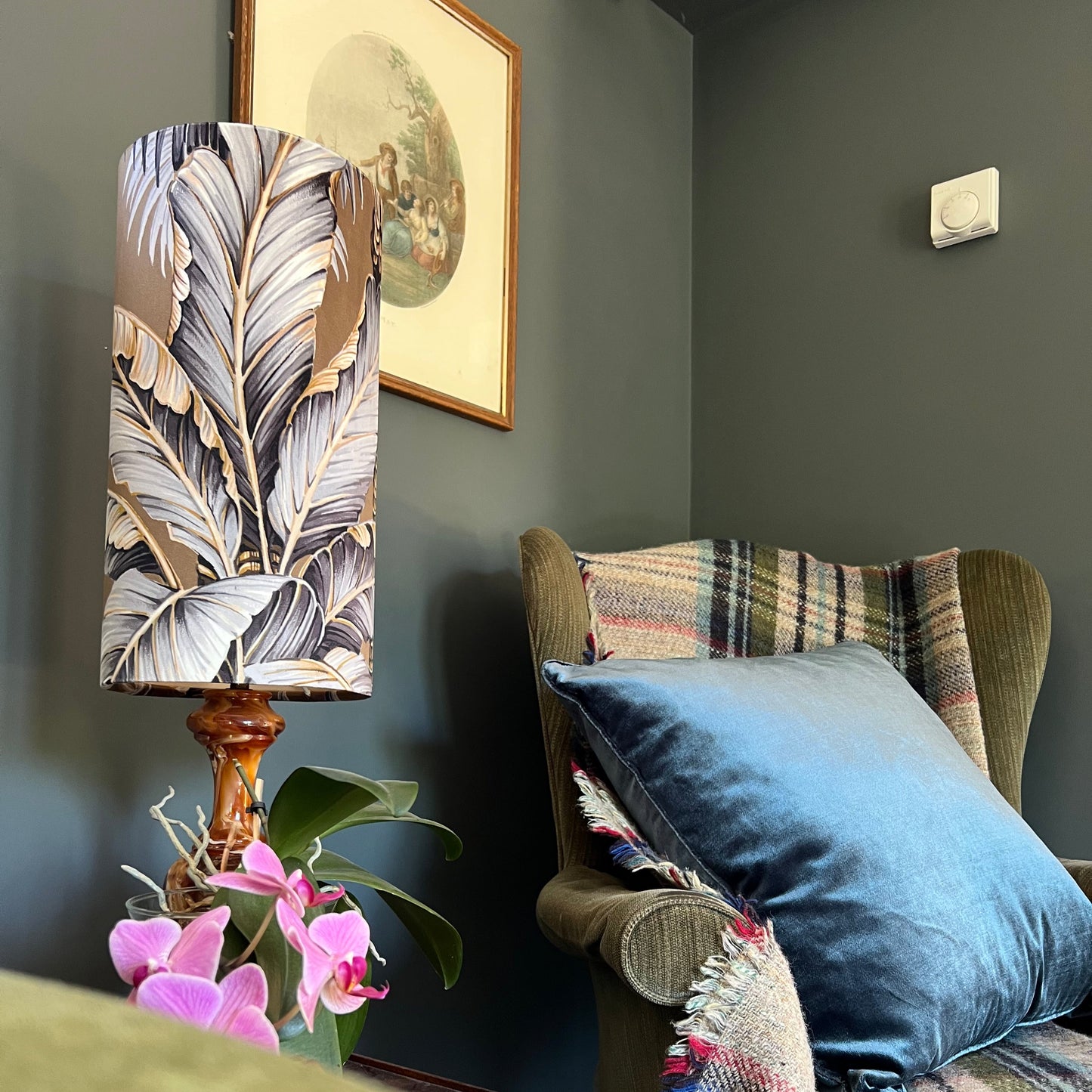 Tripura gold Leaves Velvet cylinder lampshade, extra tall lampshade