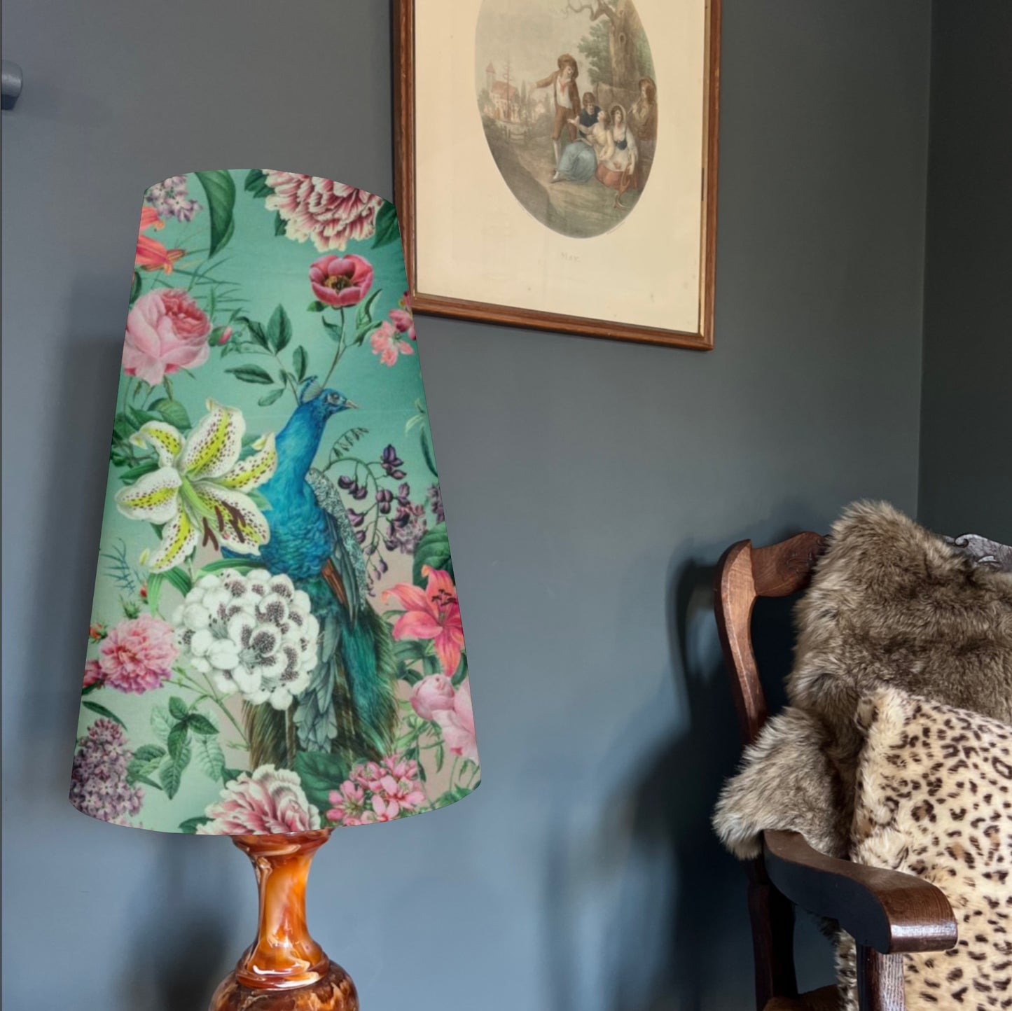 Peacock, floral velvet cone lampshade, in duck egg, extra tall