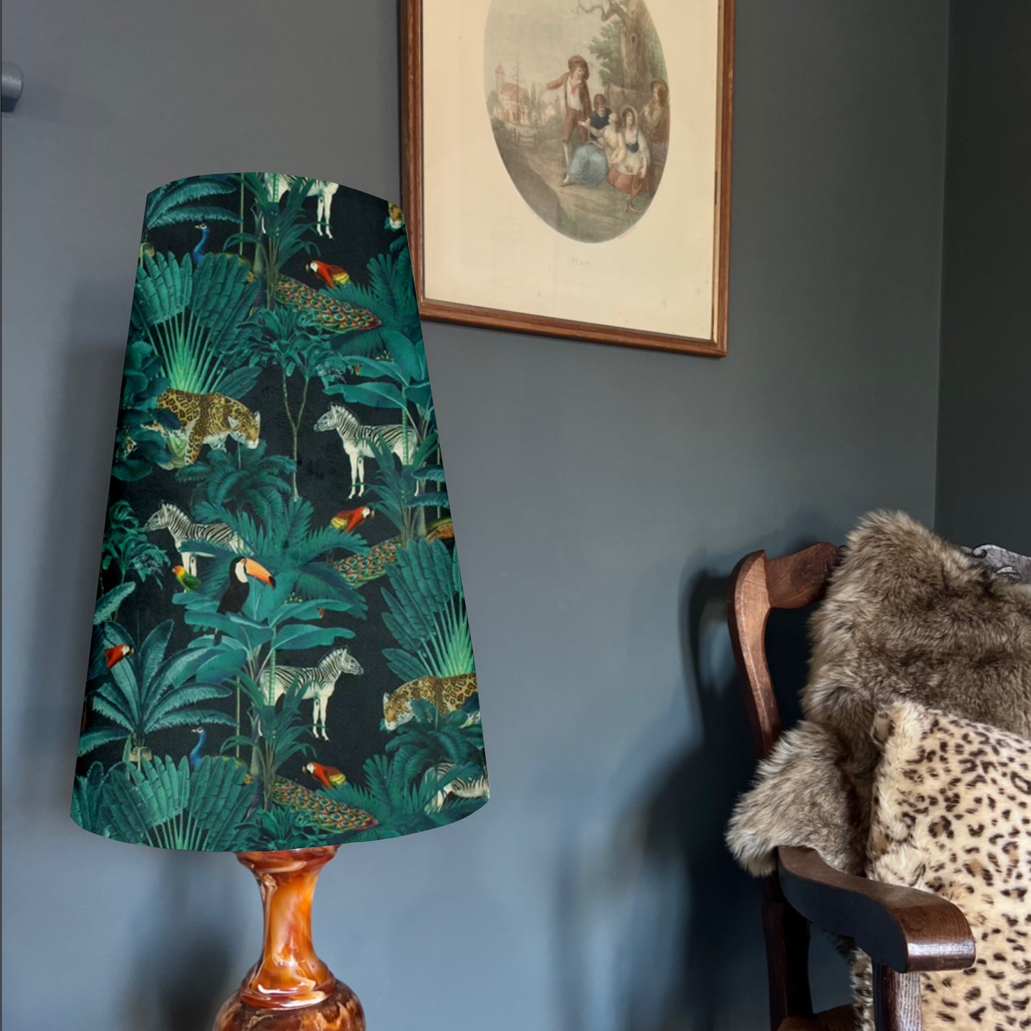 Jungle velvet cone lampshade, in black, extra tall lampshade