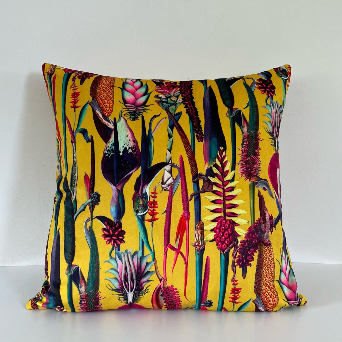 Botanical yellow velvet throw cushion