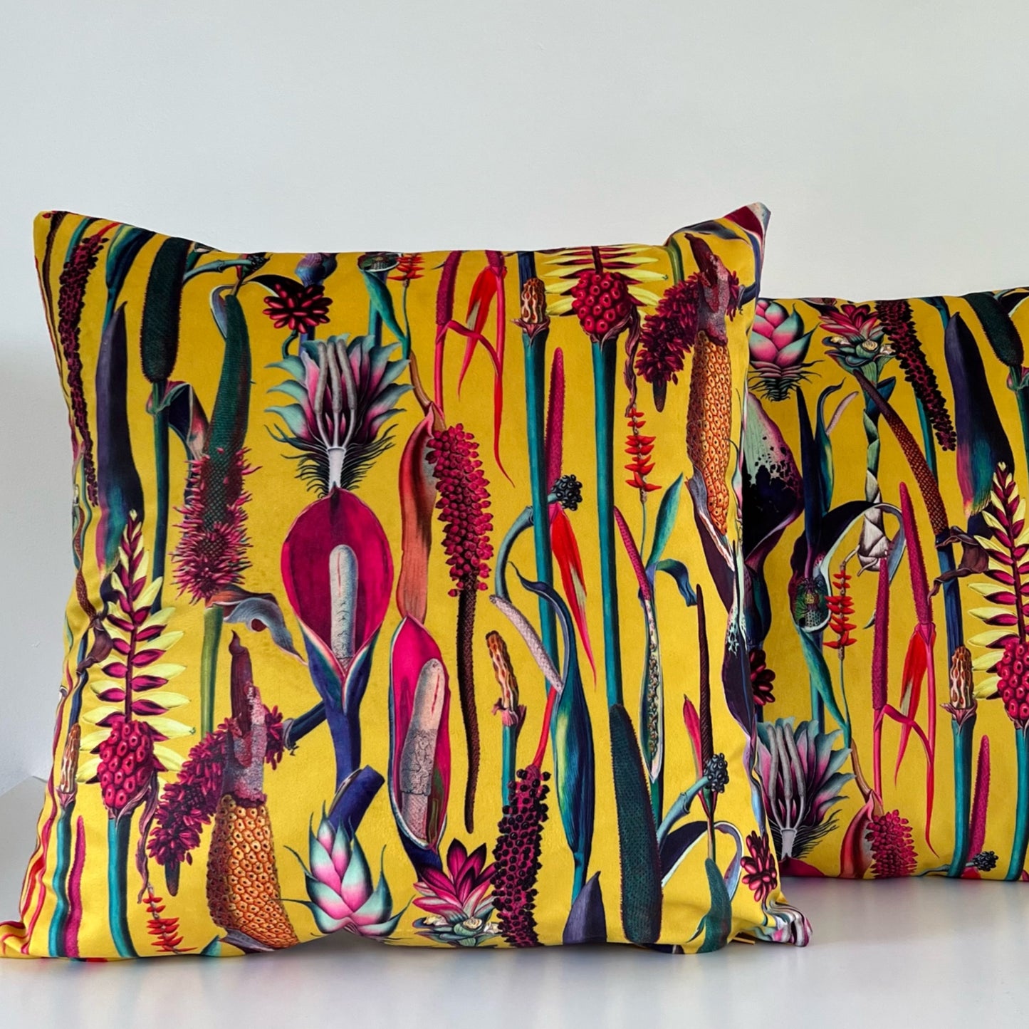 Botanical yellow velvet throw cushion