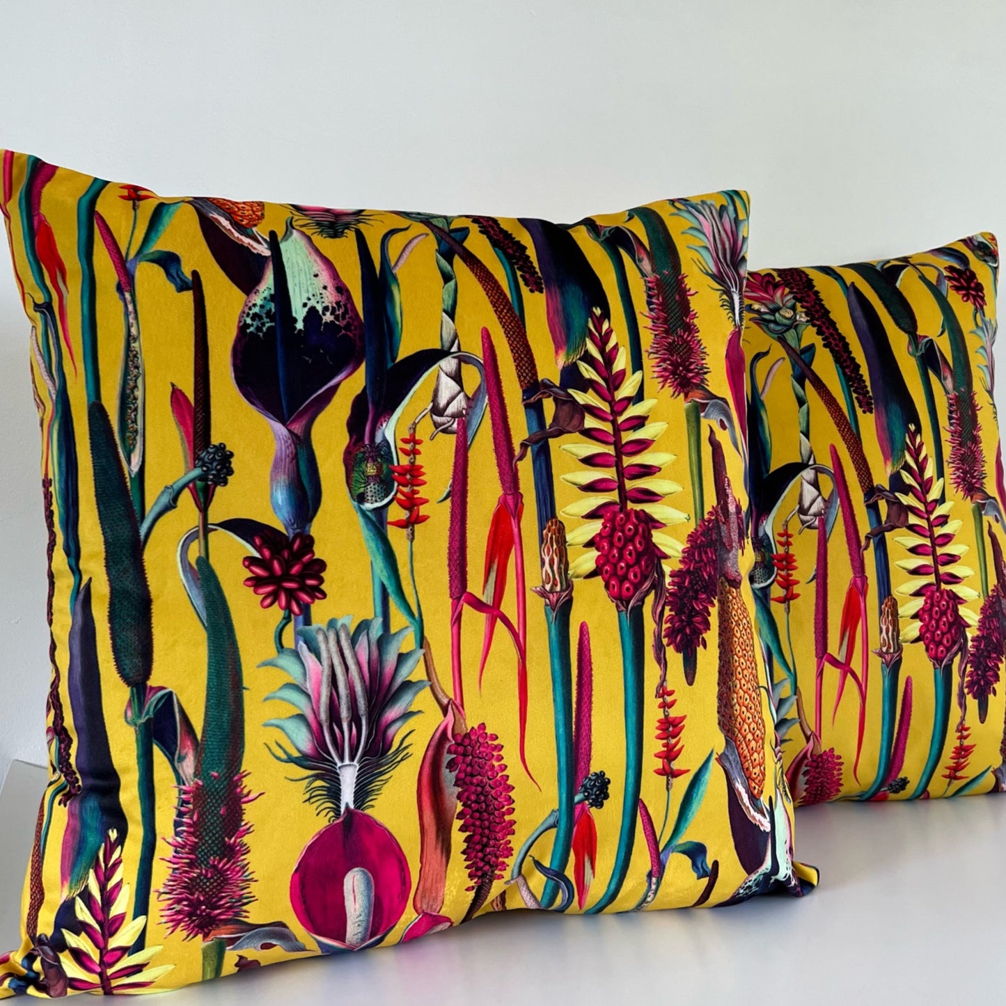 Botanical yellow velvet throw cushion