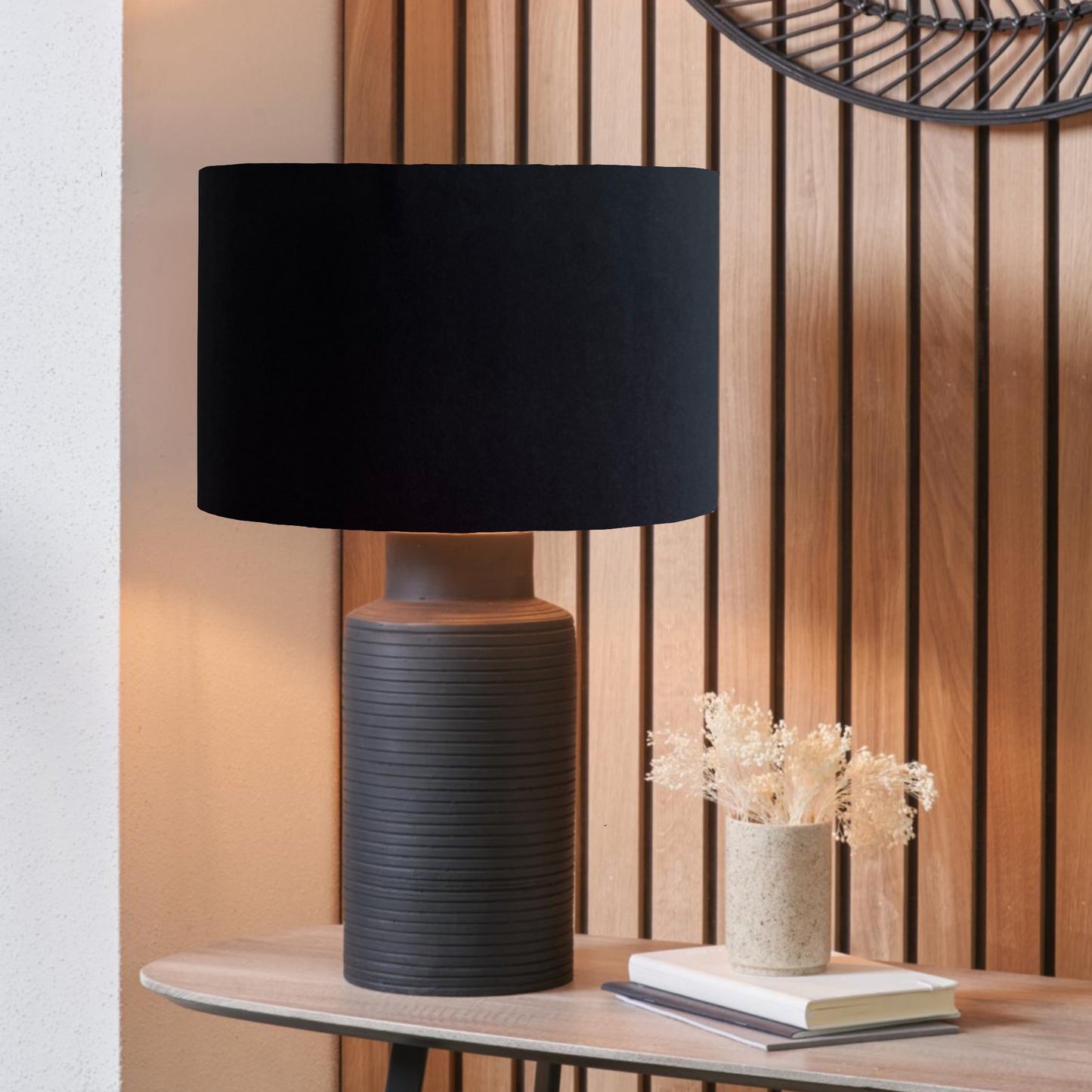 Black ribbed, terracotta table lamp