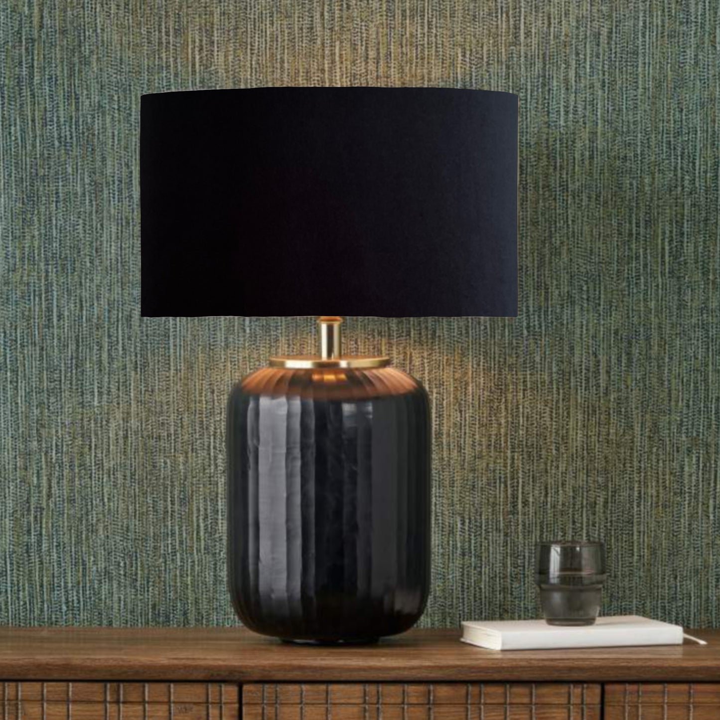 Matt black, stripe cut glass table lamp