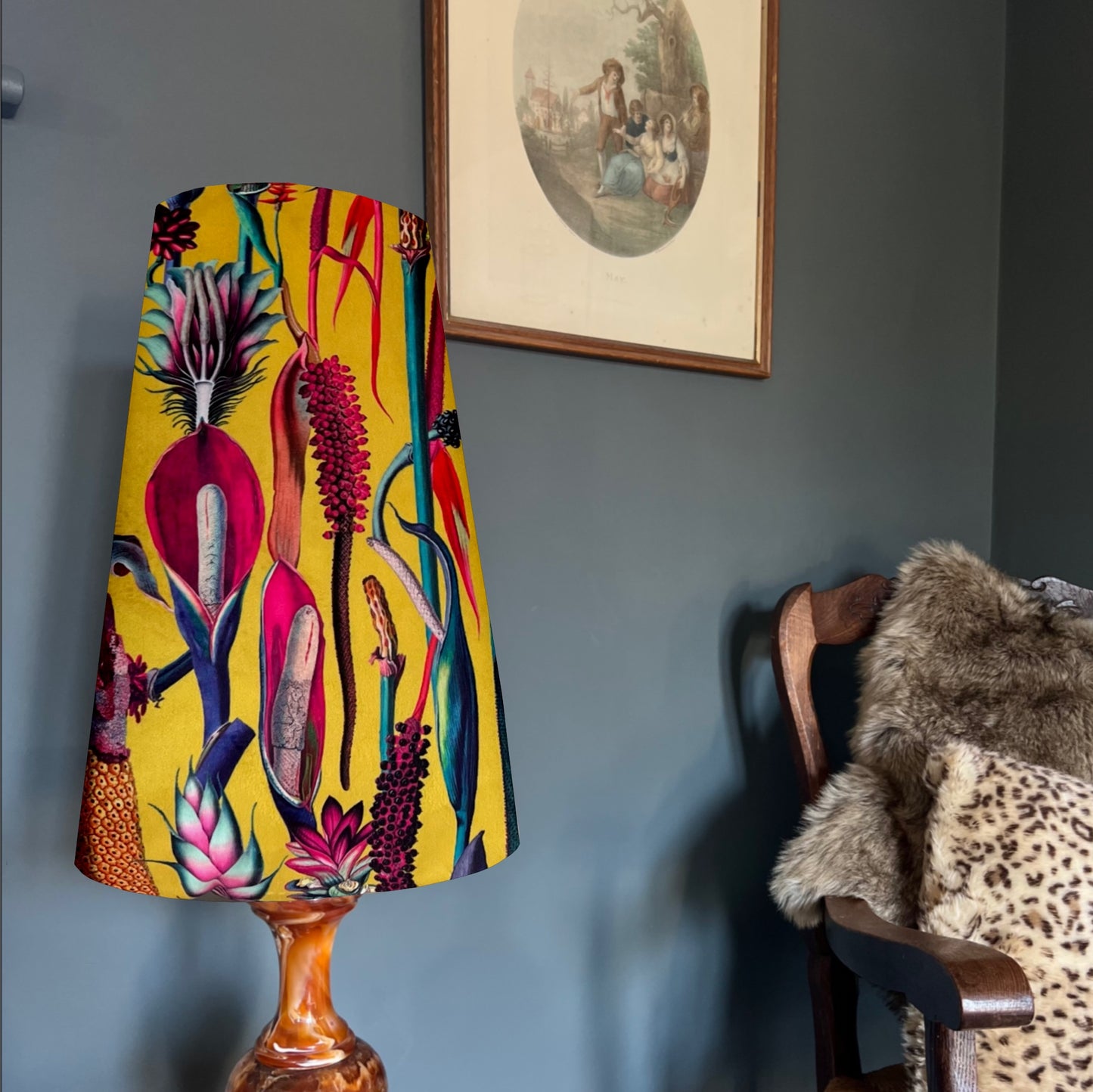 Botanical mustard velvet cone lampshade, extra tall lampshade