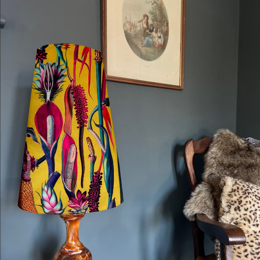 Botanical mustard velvet cone lampshade, extra tall lampshade