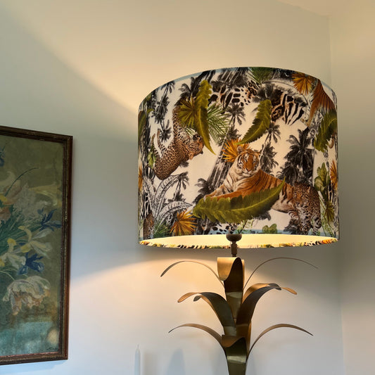 Tiger cheetah jungle velvet drum lampshade / ceiling shade, with a white lining