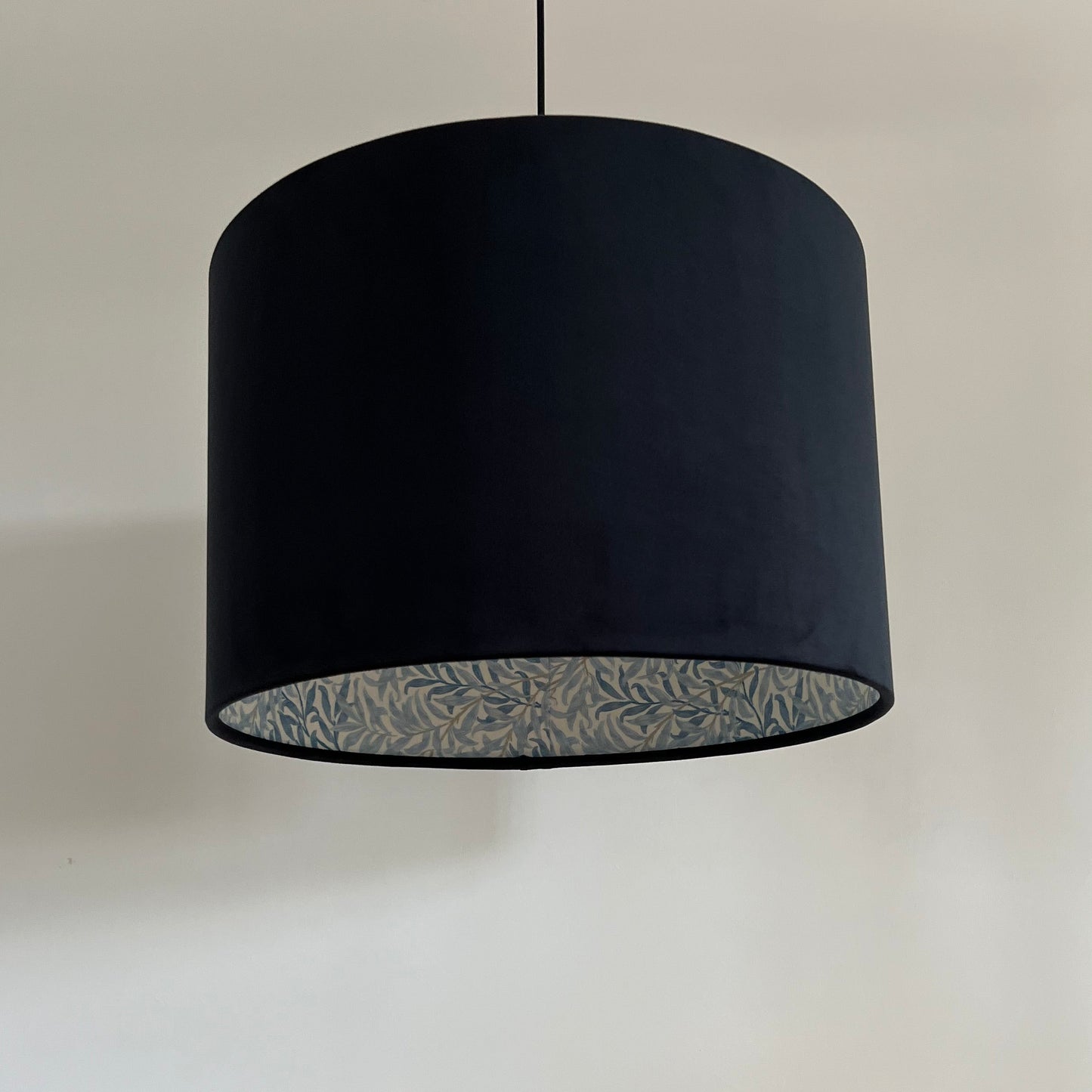 Black velvet drum lampshade, double sided lampshade, with William morris blue leaves cotton interior