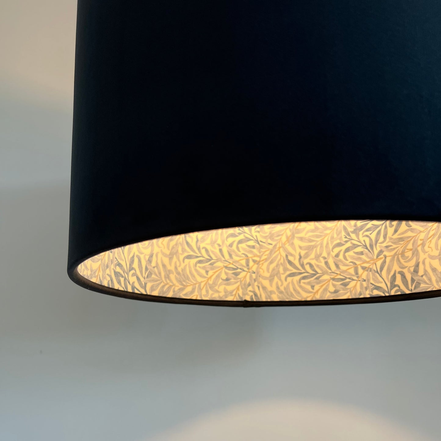 Black velvet drum lampshade, double sided lampshade, with William morris blue leaves cotton interior