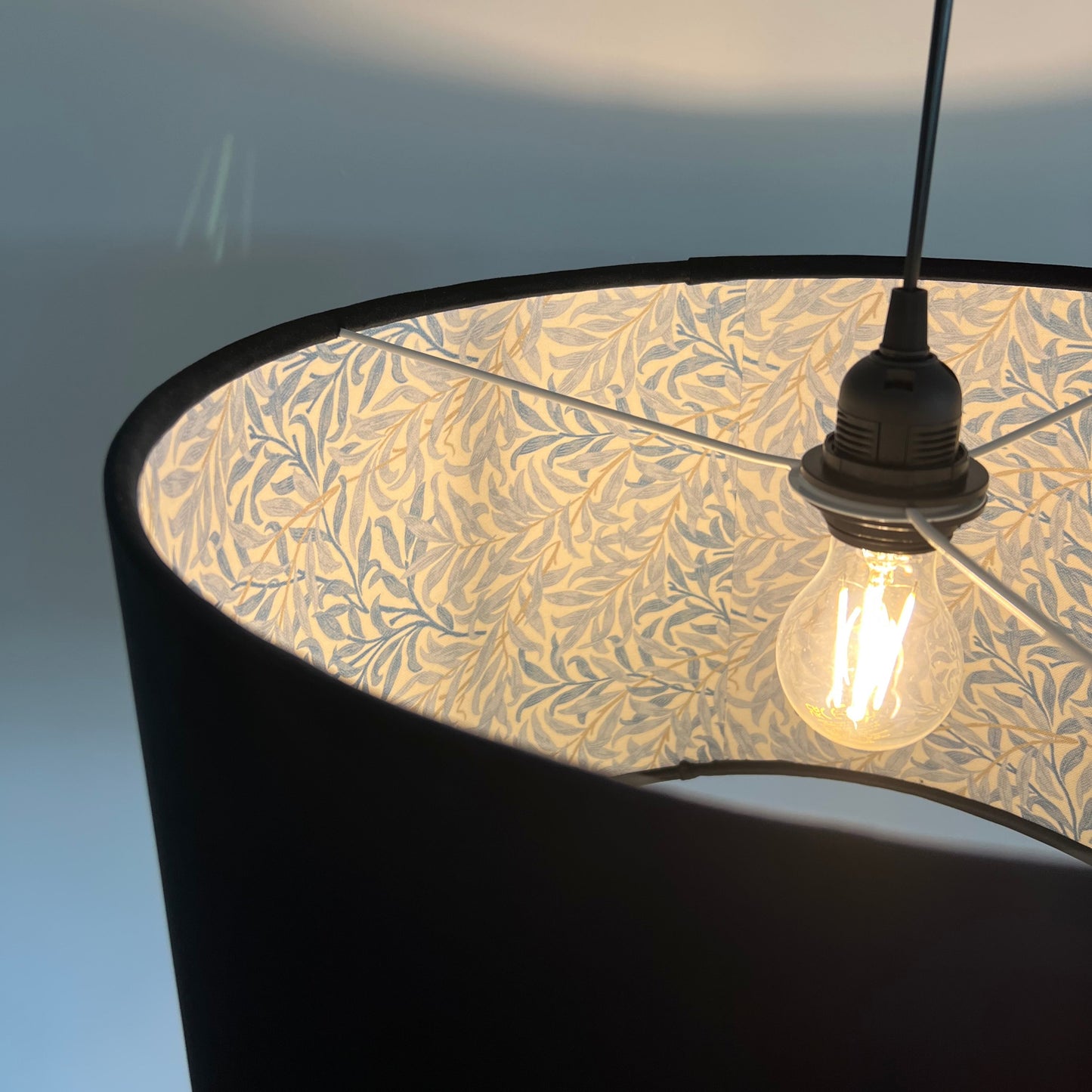 Black velvet drum lampshade, double sided lampshade, with William morris blue leaves cotton interior