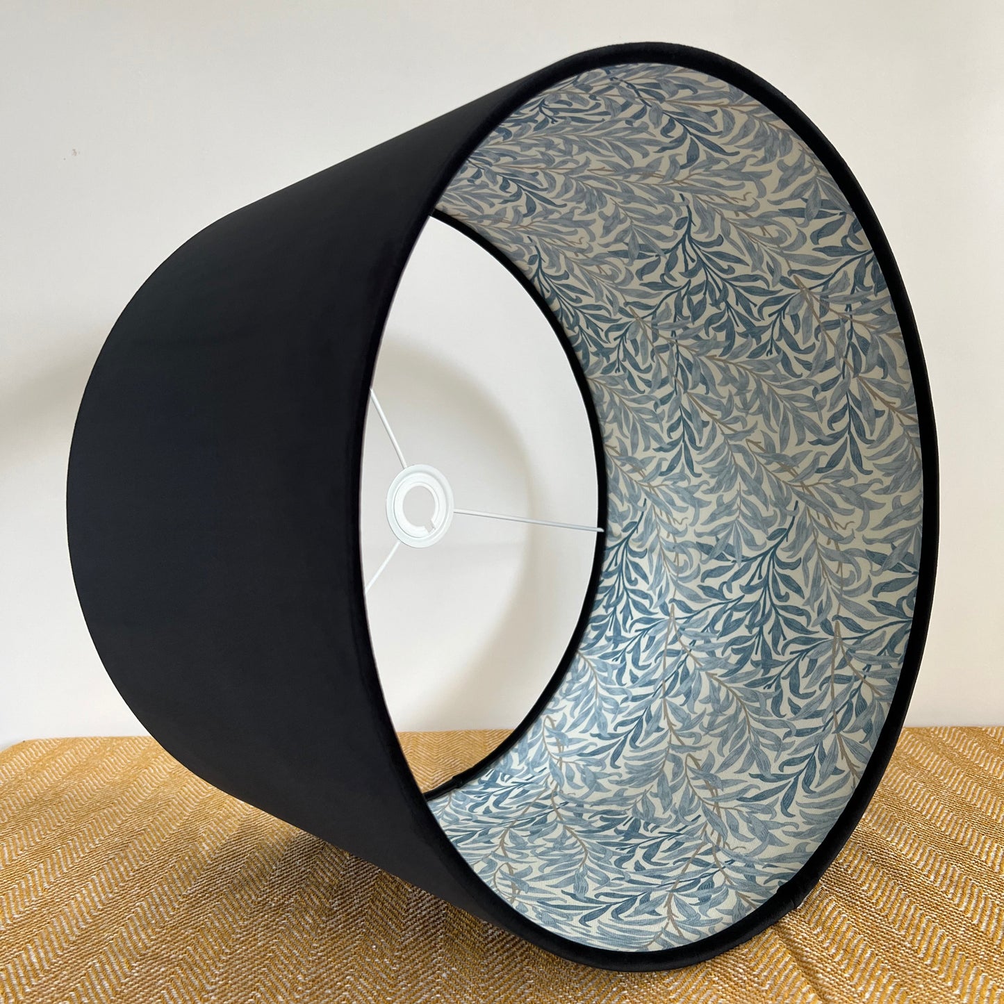 Black velvet drum lampshade, double sided lampshade, with William morris blue leaves cotton interior