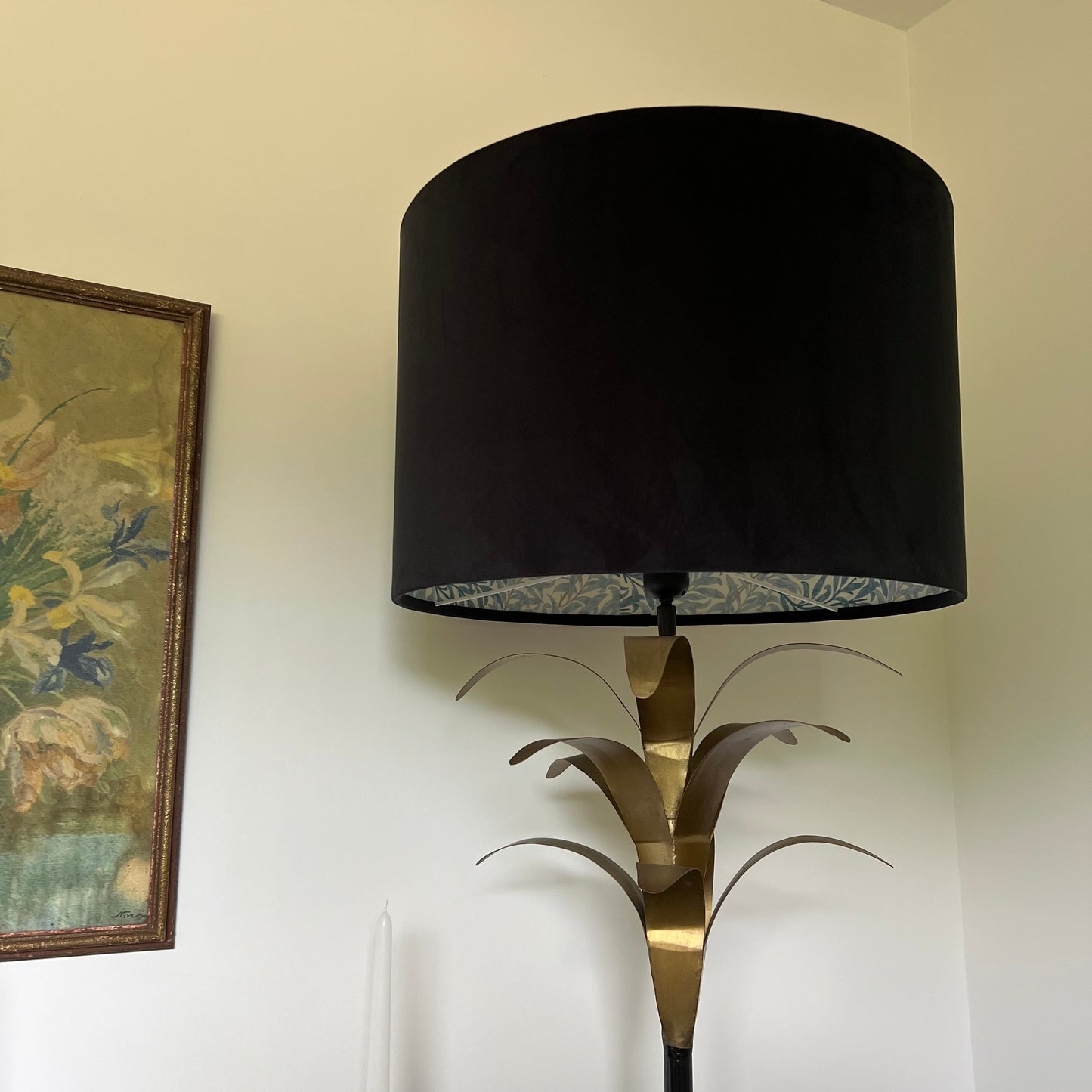 Black velvet drum lampshade, double sided lampshade, with William morris blue leaves cotton interior
