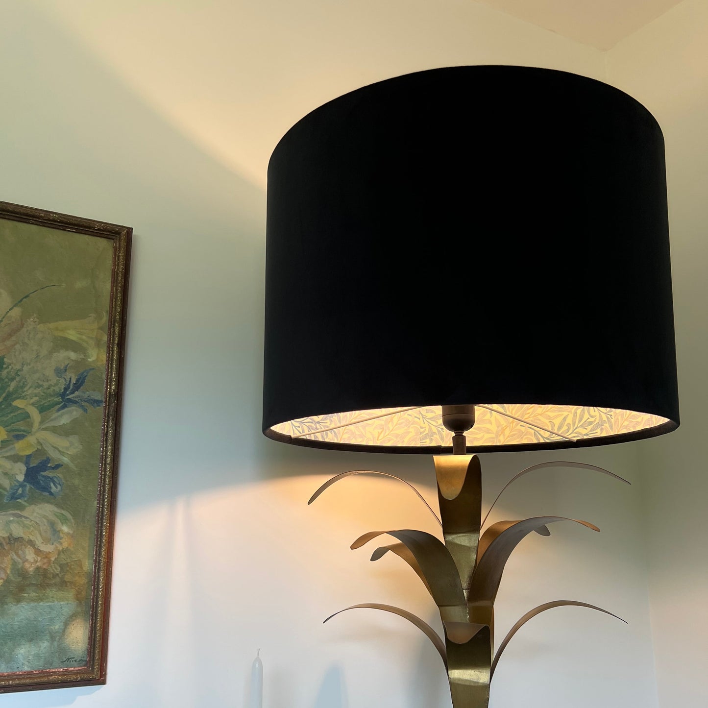 Black velvet drum lampshade, double sided lampshade, with William morris blue leaves cotton interior
