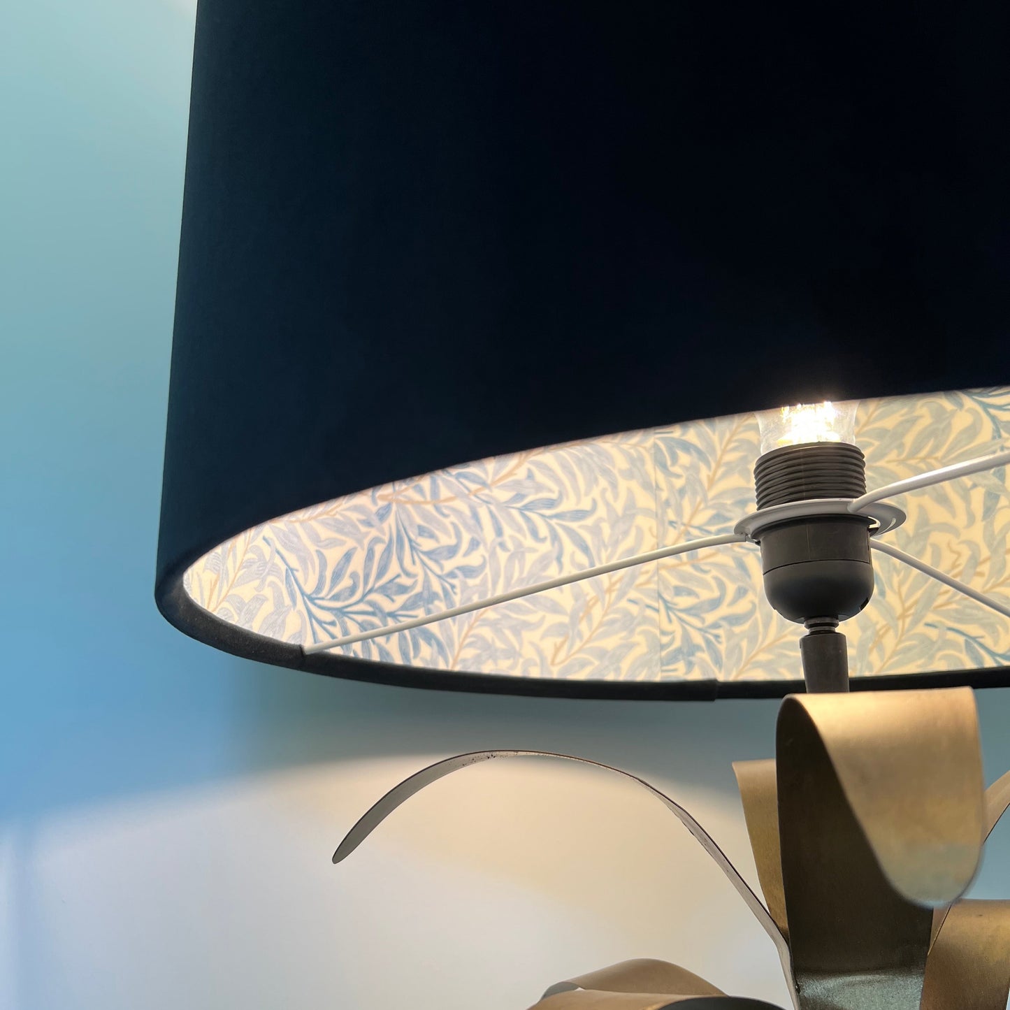 Black velvet drum lampshade, double sided lampshade, with William morris blue leaves cotton interior