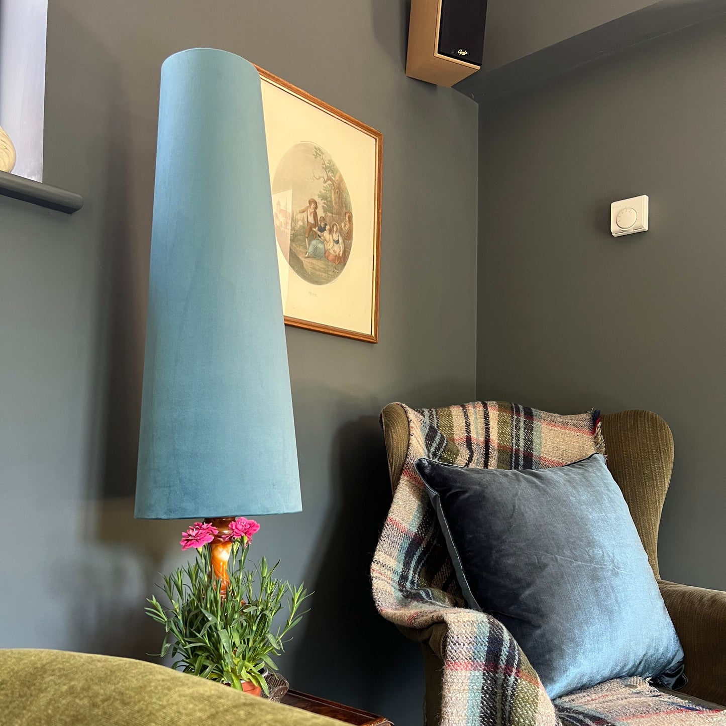 Teal blue Velvet cone lampshade, extra tall lampshade