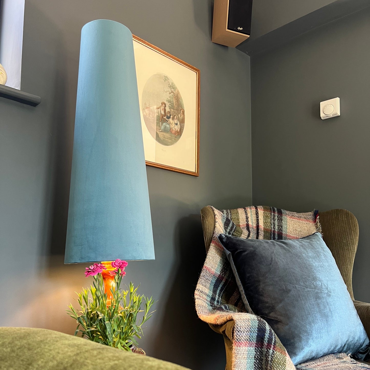 Teal blue Velvet cone lampshade, extra tall lampshade